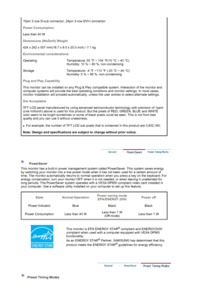 Page 4815pin 3-row D-sub connector, 24pin 3-row DVI-I connector
Power Consumption
Less than 40 W 
Dimensions (WxDxH)/ Weight
424 x 242 x 507 mm(16.7 x 9.5 x 20.0 inch) / 7.1 kg
Environmental considerations
Operating Temperature: 50 °F ~ 104 °F(10 °C ~ 40 °C)   Humidity: 10 % ~ 80 %, non-condensing
Storage Temperature: -4 °F ~113 °F (-20 °C ~ 45 °C)   Humidity: 5 % ~ 95 %, non-condensing
Plug and Play Capability
This monitor can be inst alled on any Plug & Play  compatible system. Intera ction of the monitor and...