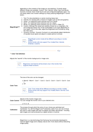 Page 31MagicBright™ 
depending on the contents of the image you are watching. Currently seven 
different modes are available: Custom, Text, Internet, Game, Sport and Movie, 
Dynamic Contrast. Each mode has its own pre-configured brightness value. You 
can easily select one of seven settings by simply pressing MagicBright™ control 
button.  
 
1. Text: For documentations or works involving heavy text.  
2. Internet: For working with a mixture of images such as text and graphics.  
3. Game : For watching motion...