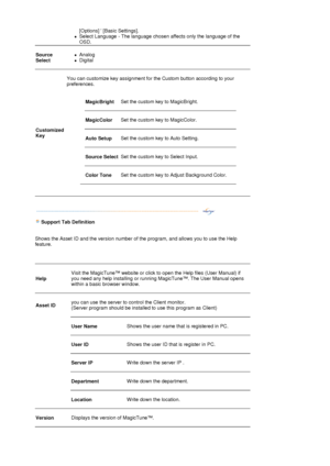 Page 33 
 
[Options]  [Basic Settings].  
zSelect Language - The language chosen affects only the language of the 
OSD.  
Source 
Select 
 
zAnalog  
zDigital 
 
Customized 
Key 
 
You can customize key assignment for the Custom button according to your 
preferences.  
 
 MagicBright   
Set the custom key to MagicBright. 
 
MagicColor  
 
Set the custom key to MagicColor. 
 
Auto Setup  
 
Set the custom key to Auto Setting.  
 
Source Select  
 
Set the custom key to Select Input.  
 
   Color Tone  
 
Set the...