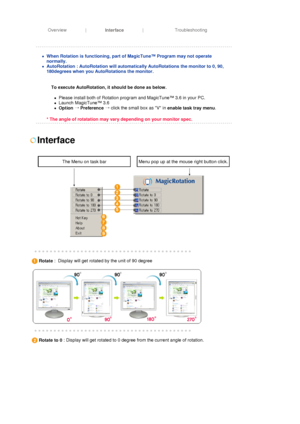 Page 38Overview | 
Interface | Troubleshooting 
 
 
 
 zWhen Rotation is functioning, part of MagicTune™ Program may not operate 
normally.  
zAutoRotation : AutoRotation will automatically AutoRotations the monitor to 0, 90, 
180degrees when you AutoRotations the monitor.  
 
 
* The angle of rotatation may vary depending on your monitor spec.    
   
To execute AutoRotation, it should be done as below.  
zPlease install both of Rotation program and MagicTune™ 3.6 in your PC.  
zLaunch MagicTune™ 3.6  
zOption...