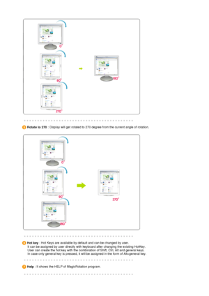 Page 40 
 
 
 
Rotate to 270 : Display will get rotated to 270 degree from the current angle of rotation. 
 
 
 
 
 
Hot key : Hot Keys are available by default and can be changed by user.  
      It can be assigned by user directly with keyboard after changing the existing HotKey.  
      User can create the hot key with the combination of Shift, Ctrl, Alt and general keys. 
      In case only general key is pressed, it will be assigned in the form of Alt+general key. 
 
 
 
Help : It shows the HELP of...