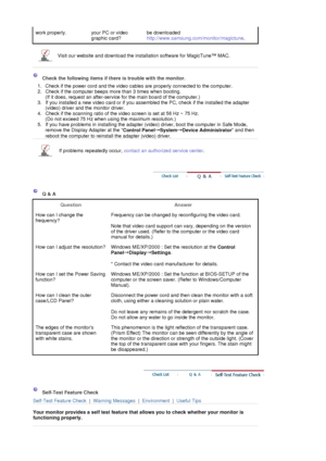 Page 44 
work properly. your PC or video graphic card?be downloaded 
http://www.samsung.com/monitor/magictune
.
Visit our website and download the installation software for MagicTune™ MAC.
 
 
 
 Check the following items if there is trouble with the monitor.  
1. Check if the power cord and the video cables are properly connected to the computer.  
2. Check if the computer beeps more than 3 times when booting.  (If it does, request an after-service for the main board of the computer.)  
3. If you installed a...