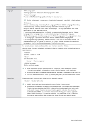 Page 573-5Using the Product
Language•  
The language chosen affects only the language of the OSD. 
•  You can set the Teletext language by selecting the language type.
 English is the default in cases where the se lected language is unavailable in the broadcast. 
• 
Primary Audio Language / Secondary Audio La nguage / Primary Subtitle Language /Secondary 
Subtitle Language / Primary Teletext Language /Secondary Teletext Language
Using this feature, users can select one of  the languages. The language selected...