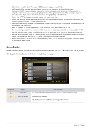 Page 653-6Using the Product
• If the files are sorted by Basic View, up to 1000 files can be displayed in each folder.
• MP3 files with DRM that have been downloaded from a non-free site cannot be played. Digital Rights 
Management(DRM) is a technology that supports the crea tion, distribution and management of the content in an 
integrated and comprehensive way, including the protection of  the rights and interests of the content providers, the 
prevention of the illegal copying of contents , as well as...