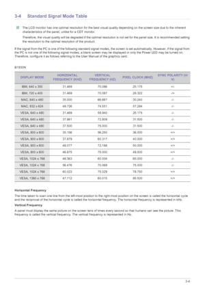 Page 23Using the product3-4
3-4 Standard Signal Mode Table
 The LCD monitor has one optimal resolution for the best visual quality depending on the screen size due to the inherent 
characteristics of the panel, unlike for a CDT monitor.
Therefore, the visual quality will be degraded if the optimal resolution is not set for the panel size. It is recommended setting 
the resolution to the optimal resolution of the product.
 
If the signal from the PC is one of the following standard signal modes, the screen is...