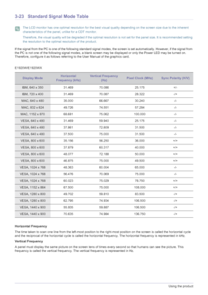 Page 583-23Using the product
3-23 Standard Signal Mode Table
 The LCD monitor has one optimal resolution for the best visual quality depending on the screen size due to the inherent 
characteristics of the panel, unlike for a CDT monitor.
Therefore, the visual quality will be degraded if the optimal resolution is not set for the panel size. It is recommended setting 
the resolution to the optimal resolution of the product.
 
If the signal from the PC is one of the following standard signal modes, the screen is...