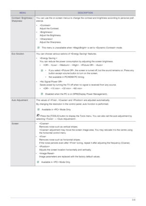 Page 40Using the Product3-5
Contrast / Brightness / 
Sharpness You can use the on-screen menus to change the contra
st and brightness according to personal pref-
erence.
• 
Adjust the Contrast.
•  Adjust the Brightness.
•  Adjust the Sharpness.
 This menu is unavailable when  is set to  mode. 
Eco Solution You can choose various options of  features. 
•  You can reduce the power consumption by adjusting the screen brightness.
•  -  -  -  -  - 
 • If you select , the screen is turned off, but the sound remains...