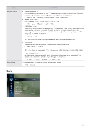 Page 46Using the Product3-5
Sound
Picture Options • 
If the broadcast signal received by your TV is we ak, you can activate the Digital Noise Reduction 
feature to help reduce any static and gh osting that may appear on the screen.
•  -  -  -  -  - 
•  Reduces MPEG noise to provide improved picture quality.
•  -  -  -  - 
•  When a DVD or set-top box is connected to your  TV via , it may cause a degradation in the 
screen quality, such as an increase in the black level, a low contrast, or discoloration, etc.,...