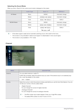 Page 493-5Using the Product
Selecting the Sound Mode
When you set to  the current sound mode is displayed on the screen.
 • If the stereo signal is weak and an automatic switching occurs, then switch to the mono.
• This function is only activated in stereo sound signal. It is deactivated in mono sound signal.
• This function is only available in  mode.
 
Channel
Audio TypeDual I / IIDEFAULT
A2 StereoMonoMONOAutomatic change
Stereo STEREO  MONO Automatic change
Dual DUAL I   DUAL II DUAL I
NICAM Stereo...