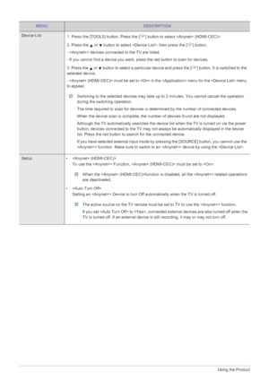 Page 753-7Using the Product
MENUDESCRIPTION
Device List
1. Press the [TOOLS] button. Press the [ ]  button to select .
2. Press the   or   button to select , then press the [ ] button.
-  devices connected to the TV are listed.
- If you cannot find a device you want, press the red button to scan for devices.
3. Press the   or   button to select a particular device and press the [ ] button. It is switched to the 
selected device. 
-  must be  set to  in the  menu for the  menu 
to appear.
 Switching to the...