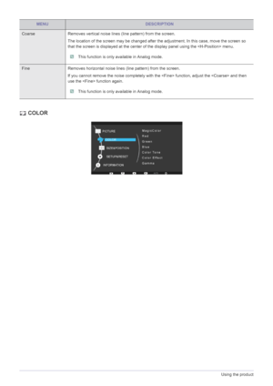 Page 423-15Using the product
 COLOR
Coarse Removes vertical noise lines (line pattern) from the screen.
The location of the screen may be changed after the adjustment. In this case, move the screen so 
that the screen is displayed at the center of the display panel using the  menu.
 This function is only available in Analog mode. 
Fine Removes horizontal noise lines (line pattern) from the screen.
If you cannot remove the noise completely with the  function, adjust the  and then 
use the  function again.
 This...