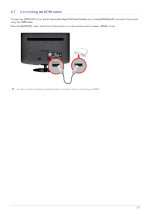 Page 21Installing the Product2-7
2-7 Connecting an HDMI cable
Connect the HDMI OUT port of the AV device (Blu-Ray/DVD/Cable/Satellite box) to the [HDMI (DVI) IN] terminal of the monitor 
using the HDMI cable. 
Press the [SOURCE] button at  the front of the monitor or on the remote control to select  mode.
 You do not need to make a separate audio connection when connecting via HDMI. 
 