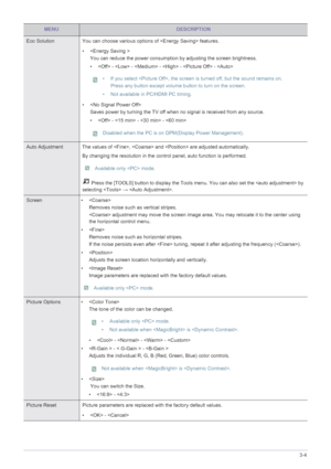 Page 35Using the Product3-4
Eco SolutionYou can choose various op tions of  features. 
•  You can reduce the power consumption  by adjusting the screen brightness.
•  -  -  -  -  - 
 • If you select , the screen  is turned off, but the sound remains on.
Press any button except volume button to turn on the screen.
• Not available in PC/HDMI PC timing.
 
•  Saves power by turning the TV off when no  signal is received from any source.
•  -  -  - 
 Disabled when the PC is on DPM(Display Power Management). 
Auto...