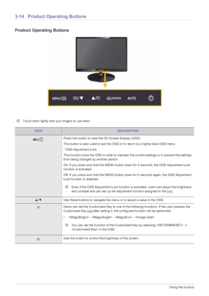 Page 383-14Using the product
3-14 Product Operating Buttons
Product Operating Buttons
 Touch them lightly with your fingers to use them. 
ICONDESCRIPTION
Press this button to view the On Screen Display (OSD).
This button is also used to exit the OSD or to return to a higher-level OSD menu
* OSD Adjustment Lock
This function locks the OSD in order to maintain the current settings or to prevent the settings 
from being changed by another person
On: If you press and hold the MENU button down for 5 seconds, the OSD...