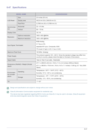 Page 153More Information6-47
6-47 Specifications
 Design and specifications are subject to change without prior notice.  Class B (Information Communication equipment for residential use)
This device has been registered regarding EMI for home use (Class B). It may be used in all areas. (Class B equipment 
emits less electromagnetic waves than Class A equipment.)
 
MODEL NAMEE2020N/E2020NX
LCD Panel
Size 20 inches (50 cm)
Display area 442.8 mm (H) x 249.08 mm (V) 
Pixel Pitch 0.2768 mm (H) x 0.2768 mm (V)...