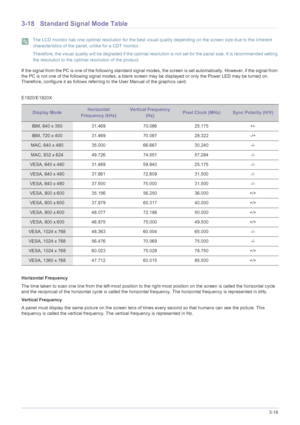 Page 53Using the product3-18
3-18 Standard Signal Mode Table
 The LCD monitor has one optimal resolution for the best visual quality depending on the screen size due to the inherent 
characteristics of the panel, unlike for a CDT monitor.
Therefore, the visual quality will be degraded if the optimal resolution is not set for the panel size. It is recommended setting 
the resolution to the optimal resolution of the product.
 
If the signal from the PC is one of the following standard signal modes, the screen is...