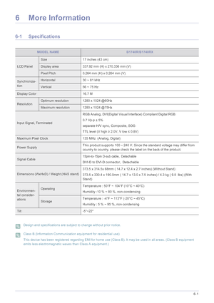 Page 102More Information6-1
6 More Information
6-1 Specifications
 Design and specifications are subject to change without prior notice.  Class B (Information Communication equipment for residential use)
This device has been registered regarding EMI for home use (Class B). It may be used in all areas. (Class B equipment 
emits less electromagnetic waves than Class A equipment.)
 
MODEL NAMEB1740R/B1740RX
LCD Panel
Size 17 inches (43 cm)
Display area 337.92 mm (H) x 270.336 mm (V) 
Pixel Pitch 0.264 mm (H) x...