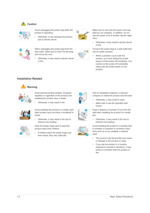 Page 61-3Major Safety Precautions
 Caution
Installation Related 
 Warning
Avoid unplugging the power plug while the 
product is operating.
• Otherwise, it may damage the product 
due to electric shock.Make sure to use only the power cord sup-
plied by our company. In addition, do not 
use the power cord of another electric appli-
ance. 
• Otherwise, it may result in electric shock 
or fire. 
When unplugging the power plug from the 
wall outlet, make sure to hold it by the plug 
and not by the cord. 
•...