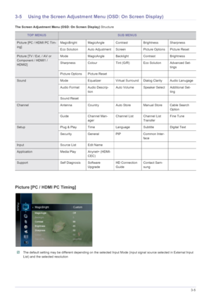 Page 38Using the Product3-5
3-5 Using the Screen Adjustment Menu (OSD: On Screen Display)
The Screen Adjustment Menu (OSD: On Screen Display) Structure
Picture [PC / HDMI PC Timing]
 The default setting may be different depending on the selected  Input Mode (input signal source selected in External Input 
List) and the selected resolution
 
TOP MENUSSUB MENUS
Picture [PC / HDMI PC Tim-
ing] MagicBright MagicAngle Contrast Brightness Sharpness
Eco Solution Auto Adjustment Scre
en Picture Options Picture Reset...