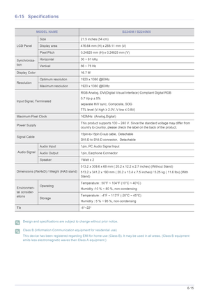 Page 116More Information6-15
6-15 Specifications
 Design and specifications are subject to change without prior notice.  Class B (Information Communication equipment for residential use)
This device has been registered regarding EMI for home use (Class B). It may be used in all areas. (Class B equipment 
emits less electromagnetic waves than Class A equipment.)
 
MODEL NAMEB2240M / B2240MX
LCD Panel
Size 21.5 inches (54 cm)
Display area 476.64 mm (H) x 268.11 mm (V) 
Pixel Pitch 0.24825 mm (H) x 0.24825 mm (V)...