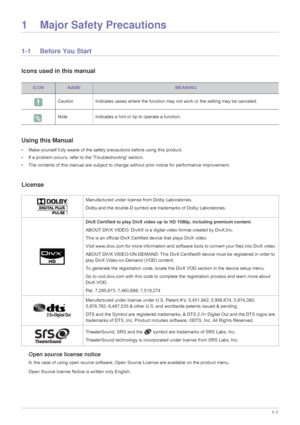 Page 3Major Safety Precautions1-1
1 Major Safety Precautions
1-1 Before You Start
Icons used in this manual
Using this Manual
• Make yourself fully aware of the safety precautions before using this product.
• If a problem occurs, refer to the Troubleshooting section.
• The contents of this manual are subject to change  without prior notice for performance improvement.
License
Open source license notice
In the case of using open source software, Open Source License are available on the product menu. 
Open...