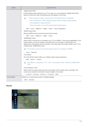 Page 39Using the Product3-4
Sound
• 
If the broadcast signal received by your TV is  weak, you can activate the  
feature to reduce any static and ghosting that may appear on the screen.
 • When the signal is weak, try other options until the best picture is displayed.
•  : When changing analog channels, displays signal strength.
- Only available for analog channels.
- When bar is green, you are receiving the best possible signal.
 
•  -  -  -  -  - 
•  Reduces MPEG noise to provide improved picture quality.
•...