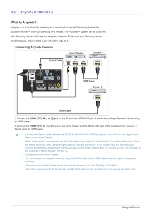 Page 623-6Using the Product
3-6 Anynet+ (HDMI-CEC)
What is Anynet+?
 is a function that enables you to control all connected Samsung devices that 
support  with your Samsung TV‘s remo te. The  system can be used only 
with Samsung devices that hav e the  feature. To be sure your Samsung device 
has this feature, check if ther e is an  logo on it.
Connecting Anynet+ Devices
1. Connect the [HDMI (DVI) IN (1 or 2) ] jack on the TV and the HDMI OUT jack of the corresponding  device using 
an HDMI cable.
2. Connect...