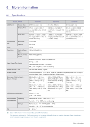 Page 746-1More Information
6 More Information
6-1 Specifications
 Class B (Information Communication Equipment for Home Use) 
This device is registered for EMC requirements for home use (Class B). It can be  used in all areas. (Class B equipment 
emits less electromagnetic waves than Class A equipment.)
 
MODEL NAMEB2230HDB2330HDB2430HD
LCD PanelScreen Size 21.53 inches (54 cm) 23 inches (58 cm) 24 inches (61 cm)
Display Area
476.64 mm(H) X 268.11 
mm (V) (18.8 inches X 10.6 
inches) 509.76 mm
(H) X 286.74...