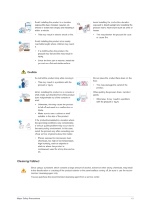 Page 7Major Safety Precautions1-3
 Caution
Cleaning Related
Avoid installing the product in a location 
exposed to dust, moisture (sauna), oil, 
smoke or water (rain drops) and installing it 
within a vehicle. 
• This may result in electric shock or fire.Avoid installing the product in a location 
exposed to direct sunlight and installing the 
product near a heat source such as a fire or 
heater.
• This may shorten the product life cycle 
or cause fire.
Avoid installing the product at an easily 
reachable...