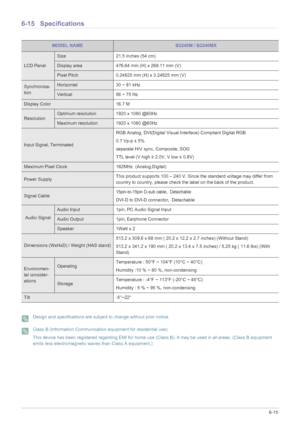 Page 121More Information6-15
6-15 Specifications
 Design and specifications are subject to change without prior notice.  Class B (Information Communication equipment for residential use)
This device has been registered regarding EMI for home use (Class B). It may be used in all areas. (Class B equipment 
emits less electromagnetic waves than Class A equipment.)
 
MODEL NAMEB2240M / B2240MX
LCD Panel
Size 21.5 inches (54 cm)
Display area 476.64 mm (H) x 268.11 mm (V) 
Pixel Pitch 0.24825 mm (H) x 0.24825 mm (V)...