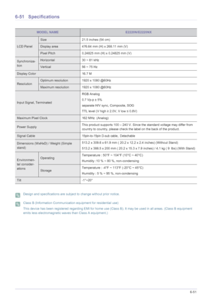 Page 157More Information6-51
6-51 Specifications
 Design and specifications are subject to change without prior notice.  Class B (Information Communication equipment for residential use)
This device has been registered regarding EMI for home use (Class B). It may be used in all areas. (Class B equipment 
emits less electromagnetic waves than Class A equipment.)
 
MODEL NAMEE2220N/E2220NX
LCD Panel
Size 21.5 inches (54 cm)
Display area 476.64 mm (H) x 268.11 mm (V) 
Pixel Pitch 0.24825 mm (H) x 0.24825 mm (V)...