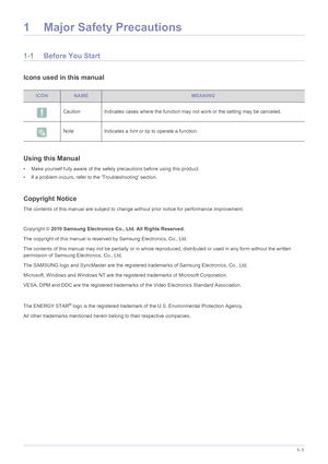 Page 4Major Safety Precautions1-1
1 Major Safety Precautions
1-1 Before You Start
Icons used in this manual
Using this Manual
• Make yourself fully aware of the safety precautions before using this product.
• If a problem occurs, refer to the Troubleshooting section.
Copyright Notice
The contents of this manual are subject to change without prior notice for performance improvement.
Copyright © 2010 Samsung Electronics Co., Ltd. All Rights Reserved.
The copyright of this manual is reserved by Samsung...