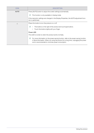 Page 313-9Using the product
AUTOPress [AUTO] button to adjust the screen settings automatically
 This function is only available in Analog mode. 
If the resolution settings are changed in the Display Properties, the AUTO adjustment func-
tion is performed.
Press this button to turn the product on or off
 • The buttons on the right of the product are touch-type buttons.
• Touch the buttons lightly with your finger. 
 
Power LED
This LED is turned on when the product works normally. 
 For more information on the...