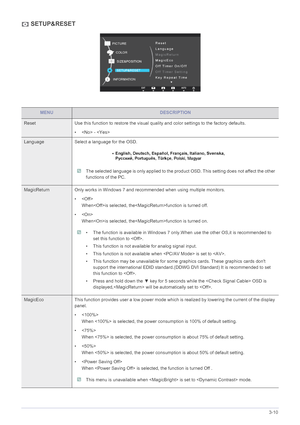 Page 38Using the product3-10
 SETUP&RESET
MENUDESCRIPTION
Reset Use this function to restore the visual quality and color settings to the factory defaults.
• - 
Language Select a language for the OSD.
 The selected language is only applied to the product OSD. This setting does not affect the other 
functions of the PC.
 
MagicReturn Only works in Windows 7 and recommended when using multiple monitors.
• 
Whenis selected, thefunction is turned off.
•
Whenis selected, thefunction is turned on.
 • The function is...