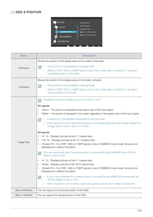 Page 89Using the product3-42
 SIZE & POSITION
MenuDescription
H-PositionMoves the position of the display area on the screen horizontally.
 • This function is only available in Analog mode.
• When a 720P, 1080i or 1080P signal is input in AV mode ,select to adjust 
horizontal position in 0-6 levels.
 
V-PositionMoves the position of the display area on the screen vertically.
 • This function is only available in Analog mode.
• When a 720P, 1080i or 1080P signal is input in AV mode ,select to adjust 
vertical...