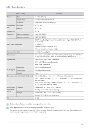 Page 195More Information6-83
6-83 Specifications
 Design and specifications are subject to change without prior notice.  Class B (Information Communication equipment for residential use)
This device has been registered regarding EMI for home use (Class B). It may be used in all areas. (Class B equipment 
emits less electromagnetic waves than Class A equipment.)
 
MODEL NAMEB2440MH
PanelSize 24 inches (61 cm)
Display area 531.36 mm (H) x 298.89 mm (V) 
Pixel Pitch 0.27675 mm (H) x 0.27675 mm (V)
Synchroniza-...