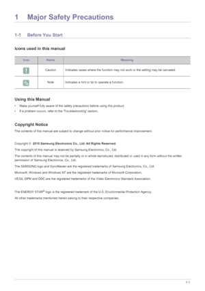 Page 6Major Safety Precautions1-1
1 Major Safety Precautions
1-1 Before You Start
Icons used in this manual
Using this Manual
• Make yourself fully aware of the safety precautions before using this product.
• If a problem occurs, refer to the Troubleshooting section.
Copyright Notice
The contents of this manual are subject to change without prior notice for performance improvement.
 
Copyright ©  2010 Samsung Electronics Co., Ltd. All Rights Reserved.
The copyright of this manual is reserved by Samsung...
