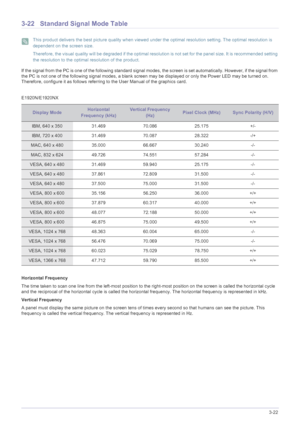 Page 61Using the product3-22
3-22 Standard Signal Mode Table
 This product delivers the best picture quality when viewed under the optimal resolution setting. The optimal resolution is 
dependent on the screen size.
Therefore, the visual quality will be degraded if the optimal resolution is not set for the panel size. It is recommended setting 
the resolution to the optimal resolution of the product.
 
If the signal from the PC is one of the following standard signal modes, the screen is set automatically....