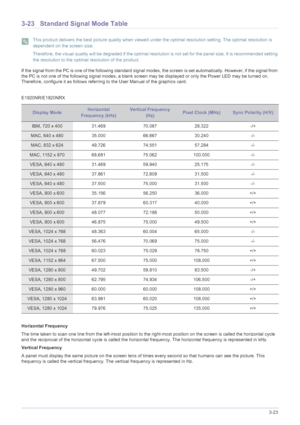 Page 62Using the product3-23
3-23 Standard Signal Mode Table
 This product delivers the best picture quality when viewed under the optimal resolution setting. The optimal resolution is 
dependent on the screen size.
Therefore, the visual quality will be degraded if the optimal resolution is not set for the panel size. It is recommended setting 
the resolution to the optimal resolution of the product.
 
If the signal from the PC is one of the following standard signal modes, the screen is set automatically....