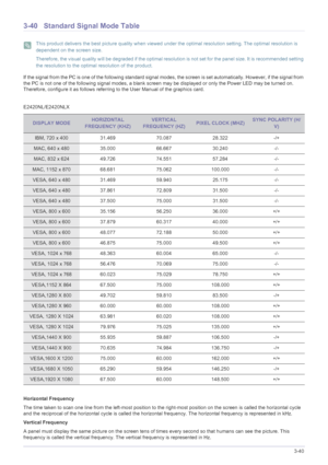 Page 88Using the product3-40
3-40 Standard Signal Mode Table
 This product delivers the best picture quality when viewed under the optimal resolution setting. The optimal resolution is 
dependent on the screen size.
Therefore, the visual quality will be degraded if the optimal resolution is not set for the panel size. It is recommended setting 
the resolution to the optimal resolution of the product.
 
If the signal from the PC is one of the following standard signal modes, the screen is set automatically....