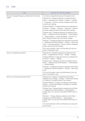 Page 53Troubleshooting5-3
5-3 FAQ
FAQ!PLEASE TRY THE FOLLOWING!
How can I change the frequency (refresh rate) of the video 
signal?You have to change the frequency of the graphics card.
Windows XP : Change the frequency by selecting Control 
Panel 
→ Appearance and Themes → Display → Settings 
→ Advanced → Monitor, and then change the refresh rate 
under Monitor Settings. 
Windows ME/2000 : Change the frequency by selecting Con-
trol Panel  
→ Display  → Settings → Advanced → Monitor, 
and then change the...