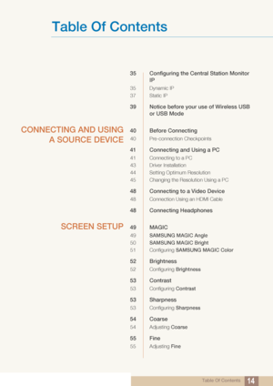 Page 14Table Of Contents
Table Of Contents14
35 Configuring the Central Station Monitor 
IP
35 Dynamic IP
37 Static IP 
39 Notice before your  use of Wireless USB 
or USB Mode
CONNECTING AND USING A SOURCE DEVICE40 Before Connecting
40 Pre-connection Checkpoints
41 Connecting and Using a PC
41 Connecting to a PC
43 Driver Installation
44 Setting Optimum Resolution
45 Changing the Resolution Using a PC
48 Connecting to a Video Device
48 Connection Using an HDMI Cable
48 Connecting Headphones
SCREEN SETUP49...