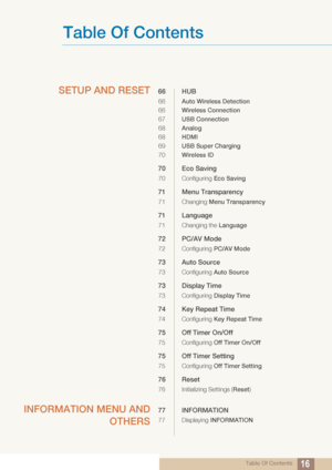 Page 16Table Of Contents
Table Of Contents16
SETUP AND RESET
66 HUB
66
Auto Wireless Detection
66 Wireless Connection
67 USB Connection
68 Analog
68 HDMI
69 USB Super Charging
70 Wireless ID
70 Eco Saving 
70 Configuring  Eco Saving
71 Menu Transparency 
71 Changing Menu Transparency
71 Language
71 Changing the  Language
72 PC/AV Mode
72 Configuring PC/AV Mode
73 Auto Source 
73 Configuring Auto Source
73 Display Time
73 Configuring Display Time
74 Key Repeat Time 
74 Configuring Key Repeat Time
75 Off Timer...