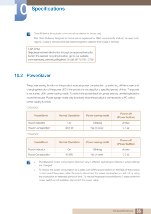 Page 8686
Specifications
10
10 Specifications
 Class B device (broadcast communications device for home use)
This Class B device designed for home use is registered for EMC requirements and can be used in all 
regions. (Class B devices emit less electromagnetic radiation than Class A devices)
 
10.2 PowerSaver
The power-saving function of this product reduces power consumption by switching off the screen and 
changing the color of the power LED if the product is not used for a specified period of time. The...