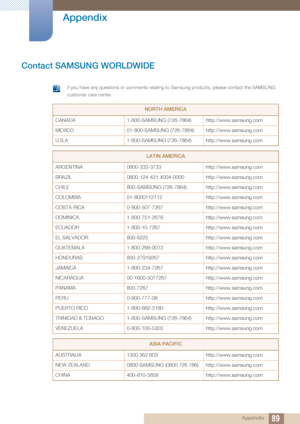 Page 8989 Appendix
 
Appendix
Contact SAMSUNG WORLDWIDE
 If you have any questions or comments relating to Samsung products, please contact the SAMSUNG 
customer care center.
 
NORTH AMERICA
CANADA 1-800-SAMSUNG (726-7864) http://www.samsung.com
MEXICO 01-800-SAMSUNG (726-7864) http://www.samsung.com
U.S.A 1-800-SAMSUNG (726-7864) http://www.samsung.com
LATIN AMERICA
ARGENTINA 0800-333-3733 http://www.samsung.com
BRAZIL 0800-124-421 4004-0000 http://www.samsung.com
CHILE 800-SAMSUNG (726-7864)...