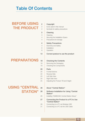 Page 13Table Of Contents13
Table Of Contents
BEFORE USINGTHE PRODUCT2 Copyright
2 Icons used in this manual
2 Symbols for safety precautions
3 Cleaning
3 Cleaning
4 Securing the Installation Space
4 Precautions for storage 
4 Safety Precautions
4 Electricity and Safety
6 Installation 
8Operation
12 Correct posture to use the product 
PREPARATIONS18 Checking the Contents 
18 Removing the Packaging
19 Checking the Components
20 Parts
20 Frontal Buttons
22 Reverse Side
23 Left Side View
24 Right Side View
25...