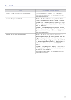 Page 101Troubleshooting5-3
5-3 FAQ
FAQ!PLEASE TRY THE FOLLOWING!
How can I change the frequency of the video signal? You have to change the frequency of the graphics card.
(For more information, refer to the User Manual of the com-
puter or the graphics card.)
How can I change the resolution? Windows XP : Change the resolution by selecting Control 
Panel 
→ Appearance and Themes → Display → Settings.
Windows Vista : Change the resolution by selecting “Control 
Panel”→“Appearance and...