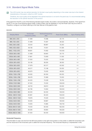 Page 463-14Using the product
3-14 Standard Signal Mode Table
 The LCD monitor has one optimal resolution for the best visual quality depending on the screen size due to the inherent 
characteristics of the panel, unlike for a CDT monitor.
Therefore, the visual quality will be degraded if the optimal resolution is not set for the panel size. It is recommended setting 
the resolution to the optimal resolution of the product.
 
If the signal from the PC is one of the following standard signal modes, the screen is...