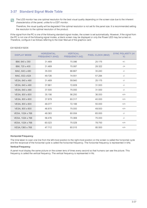 Page 78Using the product3-37
3-37 Standard Signal Mode Table
 The LCD monitor has one optimal resolution for the best visual quality depending on the screen size due to the inherent 
characteristics of the panel, unlike for a CDT monitor.
Therefore, the visual quality will be degraded if the optimal resolution is not set for the panel size. It is recommended setting 
the resolution to the optimal resolution of the product.
 
If the signal from the PC is one of the following standard signal modes, the screen is...