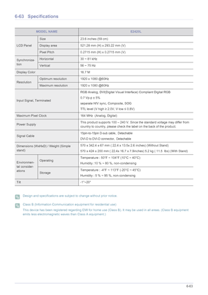 Page 164More Information6-63
6-63 Specifications
 Design and specifications are subject to change without prior notice.  Class B (Information Communication equipment for residential use)
This device has been registered regarding EMI for home use (Class B). It may be used in all areas. (Class B equipment 
emits less electromagnetic waves than Class A equipment.)
 
MODEL NAMEE2420L
LCD Panel
Size 23.6 inches (59 cm)
Display area 521.28 mm (H) x 293.22 mm (V) 
Pixel Pitch 0.2715 mm (H) x 0.2715 mm (V)
Synchroniza-...